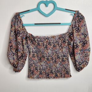 Windsor Crop Top Off the Shoulder Small Paisley Bell Sleeve Bohemian Stretch